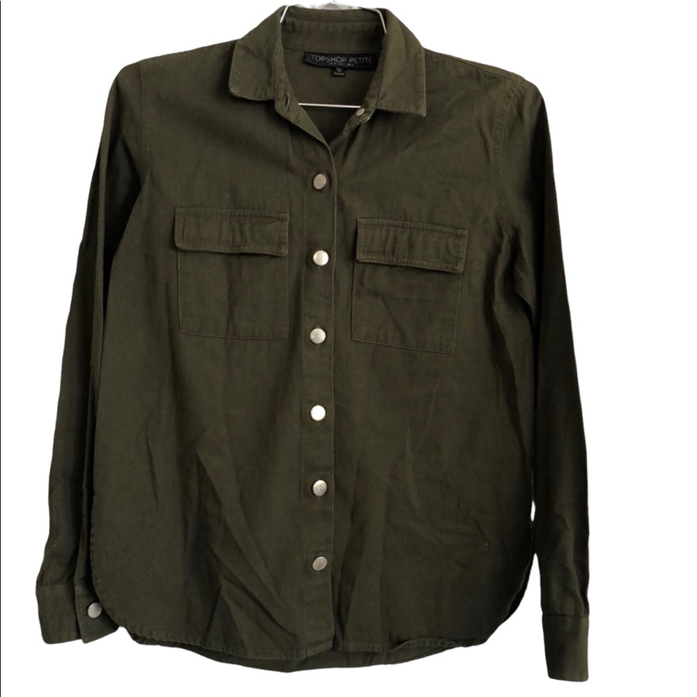 Topshop Petite army green‎ denim button down shirt